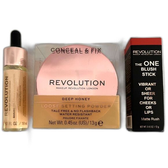 Set Of 3 - Revolution Cosmetics, Loose Powder, Lip Blush & Baking Oil Prep - Picture 1 of 5